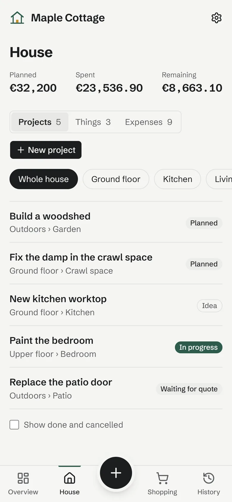 The House page: planned, spent and remaining, with rooms as filters and the projects in each.