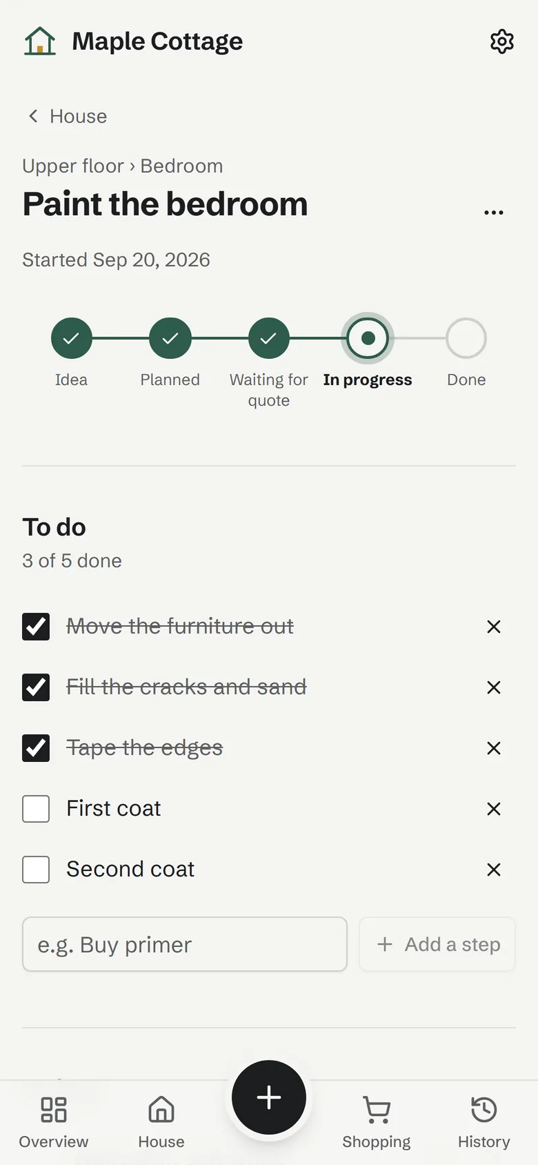 A project in progress: its stage, the steps done and the ones left.