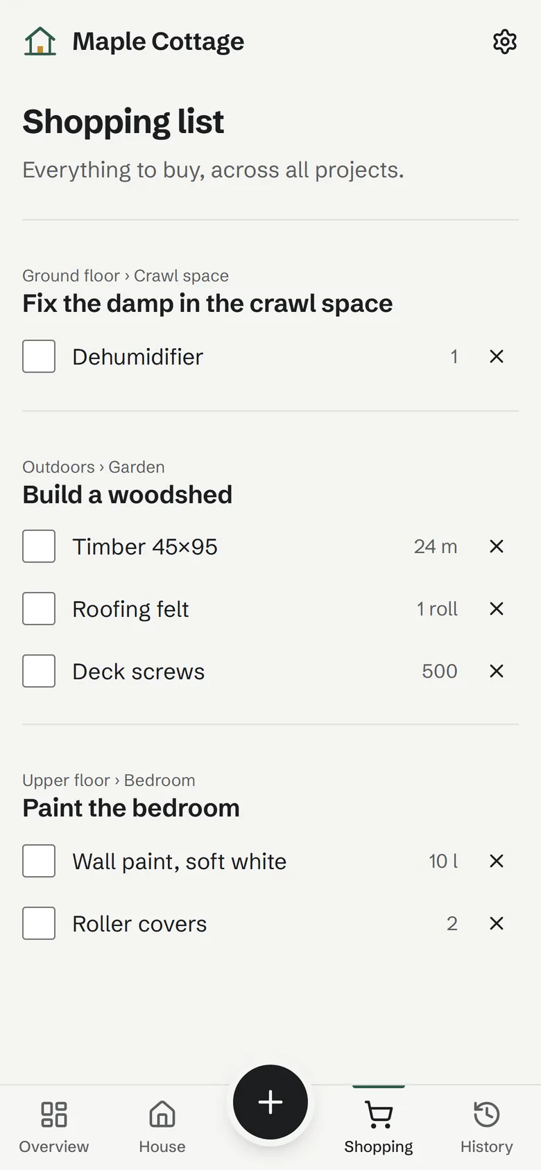 The shopping list, grouped by project and room.